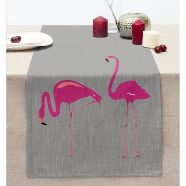 Gri Zemin Flamingo Desenli Dijital Baskılı Dikişli Şönil Runner