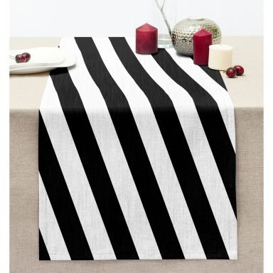 Siyah Beyaz Şeritli Dijital Baskılı Dikişli Şönil Runner