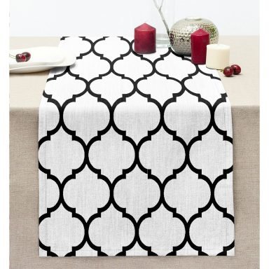 Siyah Beyaz Ogea Desenli Dekoratif Dikişli Şönil Runner