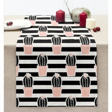 Siyah Çizgili Kaktüs Motifli Dijital Baskılı Dikişli Şönil Runner
