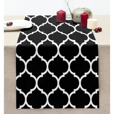 Siyah Zemin Ogea Desenli Dijital Baskılı Dikişli Şönil Runner