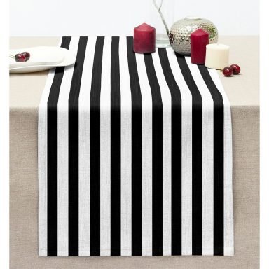 Siyah Beyaz İnce Düz Çizgili Özel Tasarım Dikişli Şönil Runner