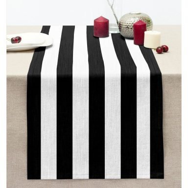 Siyah Beyaz Çizgili Dekoratif Dikişli Şönil Runner
