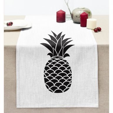 Siyah Beyaz Ananas Dijital Baskılı Dekoratif Dikişli Şönil Runner