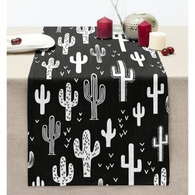 Siyah Beyaz Kaktüs Dijital Baskılı Dekoratif Dikişli Şönil Runner