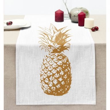 Altın Renk Kaktüs Dijital Baskılı Dikişli Şönil Runner