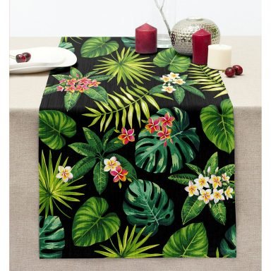 Siyah Zemin Yapraklar Dikişli Şönil Runner