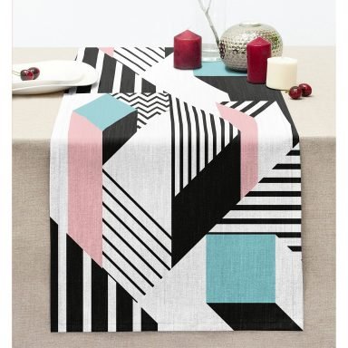 Modern Geometrik Şekilli Dijital Baskılı Dikişli Şönil Runner