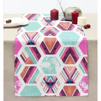 Modern Renkli Şekiller Dijital Baskılı Dikişli Şönil Runner