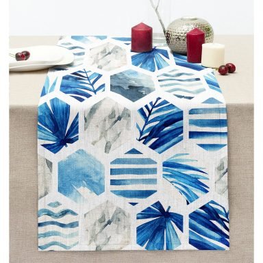 Mavi Temalı Geometrik Şekilli Dikişli Şönil Runner