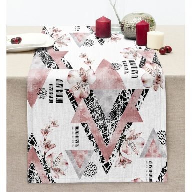 Geometrik Desenli Çiçekli Dijital Baskılı Dikişli Şönil Runner