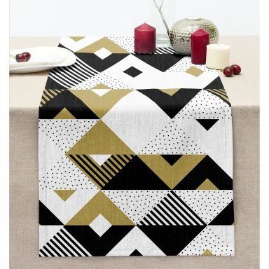 Bej Siyah Geometrik Desenli Dijital Baskılı Dikişli Şönil Runner