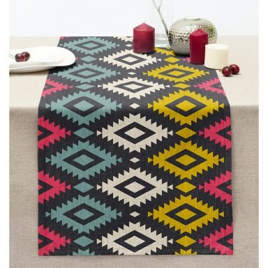 Renkli Geometrik Desenli Dijital Baskılı Dikişli Şönil Runner