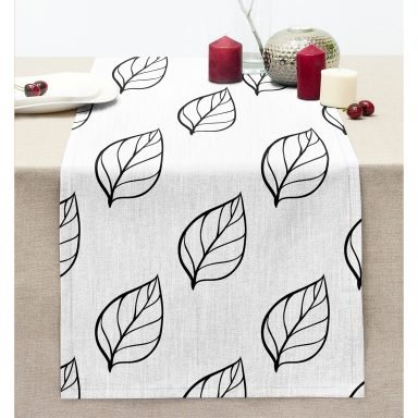 Siyah Beyaz Yaprak Motifli Modern Dikişli Şönil Runner