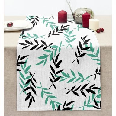 Yeşil Siyah Yaprak Desenli Dijital Baskılı Modern Dikişli Şönil Runner