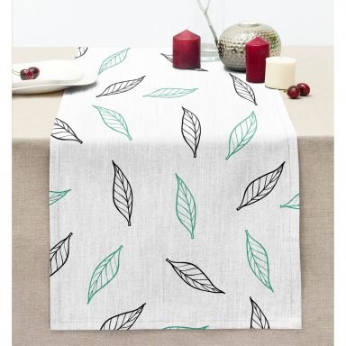 Beyaz Temalı Yaprak Desenli Dijital Baskılı Modern Dikişli Şönil Runner