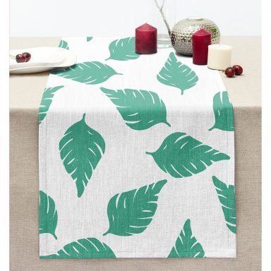 Beyaz Temalı Mint Yeşili Yaprak Motifli Dekoratif Dikişli Şönil Runner