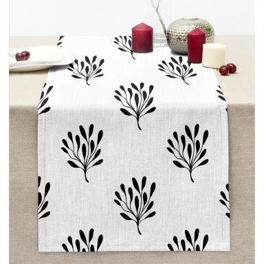 Siyah Beyaz Yaprak Motifli Dekoratif Dikişli Şönil Runner