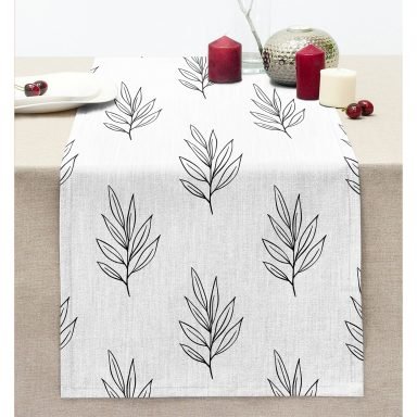 Beyaz Temalı Yaprak Çizimi Motifli Dijital Baskılı Dikişli Şönil Runner