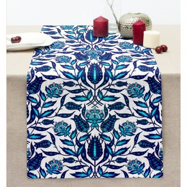 Mavi Cam Göbeği Etnik Desenli Dekoratif Dikişli Şönil Runner