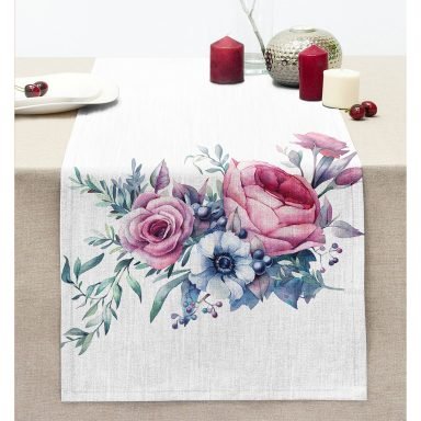 Realhomes Özel Tasarım Çiçek Desenli Dijital Baskılı Dikişli Şönil Runner