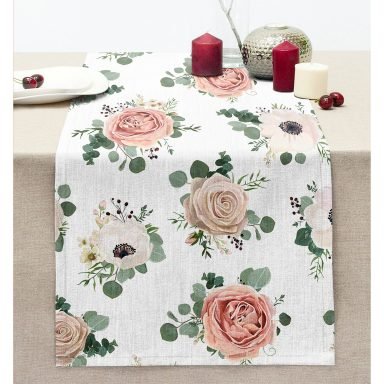 Özel Tasarım Çiçek Temalı Dijital Baskılı Dekoratif Dikişli Şönil Runner