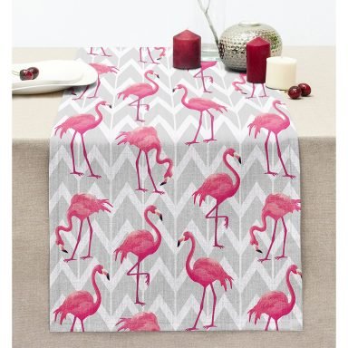 Gri Zikzak Zeminde Flamingolar Temalı Modern Dikişli Şönil Runner