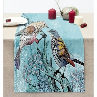 Mavi Kuş Desenli Dijital Baskılı Dekoratif Dikişli Şönil Runner