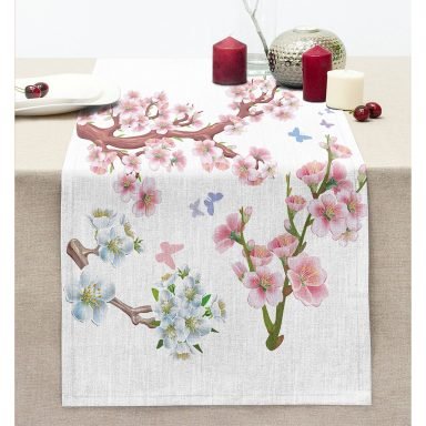 Beyaz Zeminde Dal Ve Çiçek Figürlü Dijital Baskılı Dekoratif Dikişli Şönil Runner