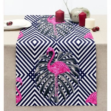 Lacivert Zeminli Flamingo Desenli Dijital Baskılı Dikişli Şönil Runner