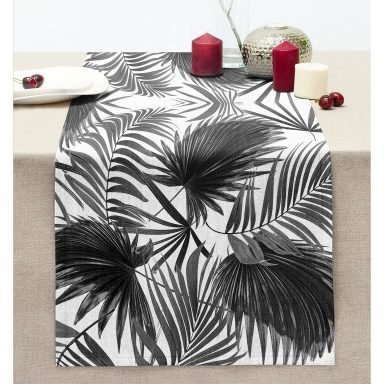 Beyaz Zeminde Gri Tropikal Bitki Figürlü Dijital Baskılı Dekoratif Dikişli Şönil Runner