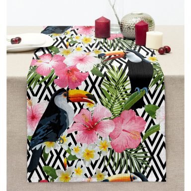 Geometrik Zemin Tropikal Tukan Kuşu Ve Bitki Figürlü Dijital Baskılı Dekoratif Dikişli Şönil Runner