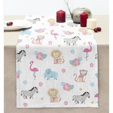 Sevimli Orman Hayvanları Motifli Dijital Baskılı Özel Tasarım Modern Dikişli Şönil Runner