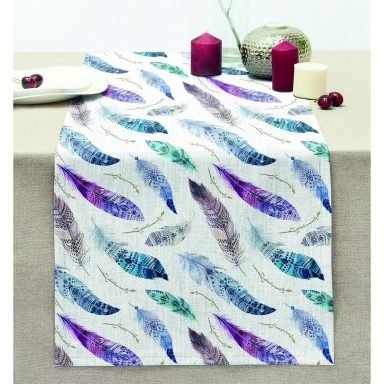 Renkli Tüy Figürlü Dijital Baskılı Dekoratif Dikişli Şönil Runner