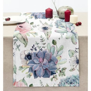 Beyaz Zeminde Çiçek Motifli Dijital Baskılı Dekoratif Dikişli Şönil Runner