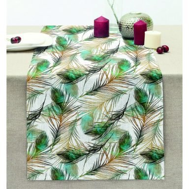 Beyaz Zeminde Tropikal Bitki Motifli Dijital Baskılı Dekoratif Dikişli Şönil Runner