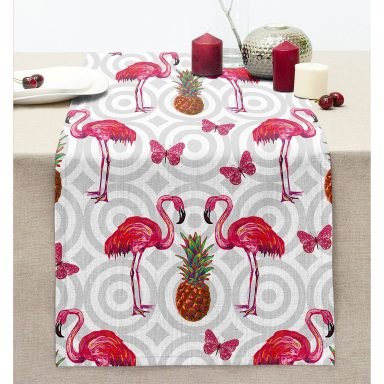 Flamingo Desenli Dijital Baskılı Dekoratif Dikişli Şönil Runner