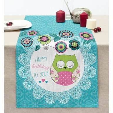 Baykuş Desenli Dijital Baskılı Dekoratif Dikişli Şönil Runner