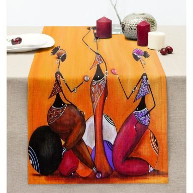 Turuncu Zemin Üç Afrikalı Kadın Çizimi Dijital Baskılı Dekoratif Dikişli Şönil Runner