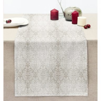 Krem Renkli Damask Motifleri Tasarımlı Dikişli Şönil Runner