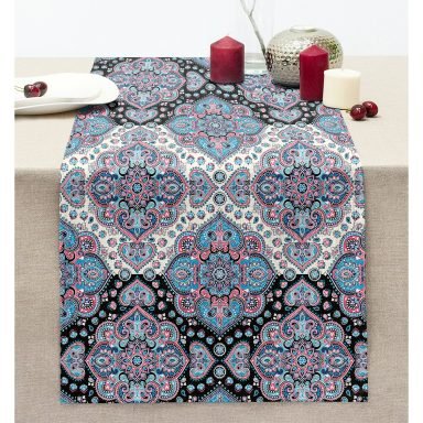 Koyu Renkli Damask Tasarımlı Dijital Baskılı Dikişli Şönil Runner