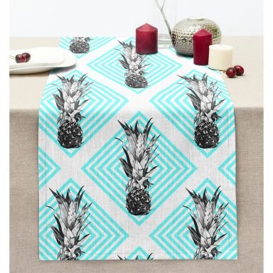 Turkuaz Geometrik Çizimli Karakalem Ananas Dikişli Şönil Runner