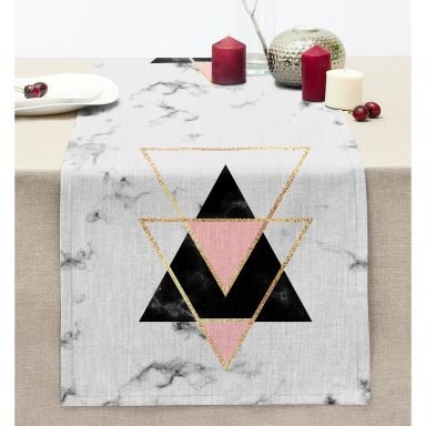 Mermer Zemin Geometrik Üçgen Dijital Baskılı Dikişli Şönil Runner