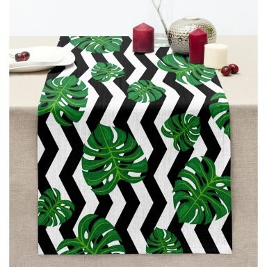 Siyah Beyaz Çizgili Tropik Yaprak Motifli Dikişli Şönil Runner