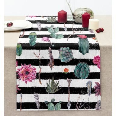 Çizgili Zemin Tropik Kaktüs Motifli Dikişli Şönil Runner