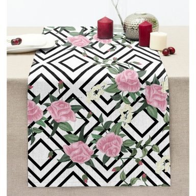 Etnik Desenli Çiçek Motifli Dijital Baskılı Dekoratif Dikişli Şönil Runner