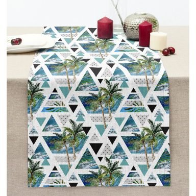 Geometrik Üçgen Palmiye Ağaçları Dikişli Şönil Runner