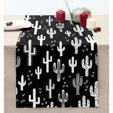 Siyah Zemin Beyaz Kaktüs Motifli Dikişli Şönil Runner