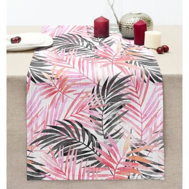 Pembe Siyah Tropik Yaprak Motifli Dikişli Şönil Runner