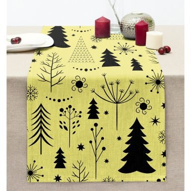 Sarı Zemin Siyah Ağaçlar Özel Tasarım Dikişli Şönil Runner